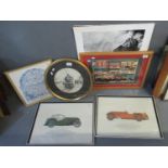 Group of framed prints, two to include; coloured print of 1933 Aston Martin and a 1939 MG Midget,