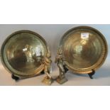 Pair of oriental engraved brass trays, together with a pair of heavy brass or bronze Indian