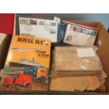 Box of all world stamps in albums and envelopes, album of First Day covers and various postcards and