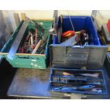 Two boxes of assorted tools together with a plastic toolbox of tools, to include: saws, set squares,