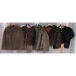 Five vintage fur items to include; black fur stole, brown fur capelet, three short jackets. (5) (B.