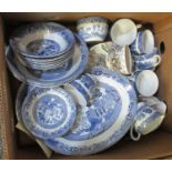 Box of assorted china mostly blue and white Willow pattern by Barratt's of Staffordshire to include;