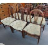 Set of six Georgian style mahogany lyre backed dining chairs having serpentine upholstered seats