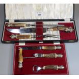 Three-piece silver plated and horn handled carving set in fitted case, together with another cased