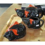 Three piece Crown Ducal ware black cat moulded three piece teaset containing; teapot, sugar bowl and