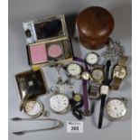 Bag of oddments to include; various wristwatches, two silver open faced pocket watches, ladies