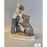 Copenhagen porcelain Dahl Jensen boy and Schnauzer dog. Shape no. 1206 to the under side, initials