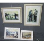 Two framed furnishing prints, a Welsh longhouse and two Welsh farmers, together with two further,