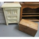 Small rustic pine box together with a painted side or lamp table with pull-out brush slide and an