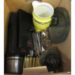 Box of assorted items to include; various cutlery, Cunard wallets, thermos, wooden rulers, two glass