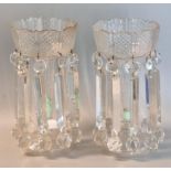 A pair of Victorian clear glass vase lustres having glass lustres and spangles and faceted