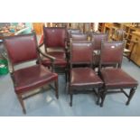 Set of eight (6 + 2) mahogany framed dining chairs with padded backs and stuff over seats on