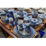 Five trays of, mostly modern, blue and white Oriental pattern china to include: jug and basin, jugs,