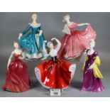 Five Royal Doulton bone china figurines to include Elaine HN3307, Janine HN2461, Karen HN2388,