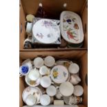 Two boxes of assorted china to include: a glass chopping board decorated with herbs, Crown Royal