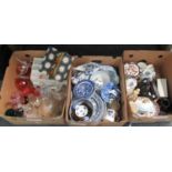 Three boxes of assorted china and glassware mainly to include; various blue and white willow