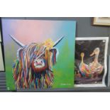 Stephen Brown, colourful Highland cow, signed, canvas, together with an unframed poster after the