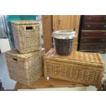 Collection of wicker items to include a two handled bin marked Grand Chateau, graduated set of two