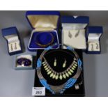 Three pairs of cased 9ct white gold earrings and a collection of silver and costume jewellery. (B.P.