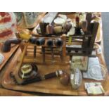Tray of various smoking equipment and ephemera to include; two five bar gate design pipe racks
