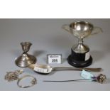 Bag of silver items to include two-handled trophy cup marked Duke of Edinburgh award on ebonised