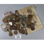 Bag of assorted foreign coinage to include silver Chinese coin, German bank note, etc. (B.P. 21% +