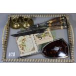 Two-handled tray comprising assorted items including tortoise shell and silver ladies hand mirror,