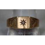 9ct gold signet ring set with a diamond. Ring size approx W (cut to shank) approx weight 2.8