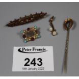 Victorian sentimental brooch set with pearl, turquoise and garnet and a horseshoe stick pin. (B.P.