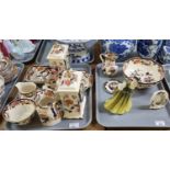 Two trays of, largely, Mason's Ironstone 'Mandalay' pattern china to include: two mantel clocks, a