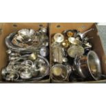 Two boxes of assorted metalware to include: silver plate on copper ice bucket, silver plated cake