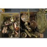 Two boxes of assorted metalware to include: large copper and brass kettle, conical shaped copper