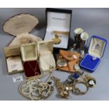 Collection of costume jewellery and watches including a pair of boot shaped spirit measures. (B.P.