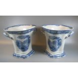 Pair of Carlton Ware blue and white transfer printed two handled ice buckets or vases depicting