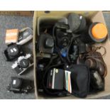 Box of assorted photographic equipment to include: Canon EOS 350 D digital camera, Zenit 12XP SLR