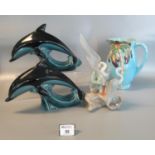 Group of china items to include two large Poole Pottery dolphins, a Beswick baluster shaped