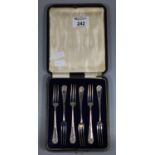 Set of six silver pickle forks by James Dixon & son with mask lion terminals in original case. 2.6oz