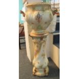 Early 20th Century Crown Devon Staffordshire blush ivory two handled jardiniere on matching stand