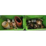 Two boxes of assorted items to include; stoneware bottles, some two tone: 'Pearson & Co,