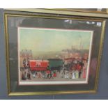 After Helen Bradley, street scene with steam engine, horse and cart and figures, signed in pencil in
