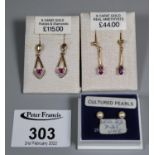 Two pairs of 9ct gold earrings and a pair of cultured pearl earrings. (B.P. 21% + VAT)