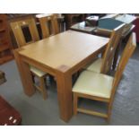Solid oak dining table on square legs, together with a set of four matching oak chairs. (5) (B.P.