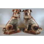 Pair of Staffordshire pottery seated pug dogs with painted and gilded decoration and glass eyes.