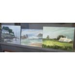 Three unframed oils on boards, one with initials IAJ, seascape with cottages in Brittany, cottage in