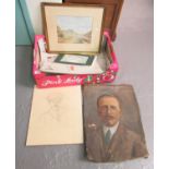 Box containing assorted watercolours, oils and sketches, one particularly of an unframed gentleman