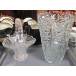 Two moulded glass items: one a basket with frosted flowers and a large vase. (2) (B.P. 21% + VAT)