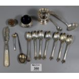 Various tea and other spoons, salt with blue glass liner, etc. 6oz troy approx. (B.P. 21% + VAT)