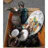 Box of assorted items to include: an ornate repousse decorated metal urn, engraved EPNs tankard