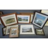 Collection of pictures to include; prints and watercolours, topographical, boats on a harbour