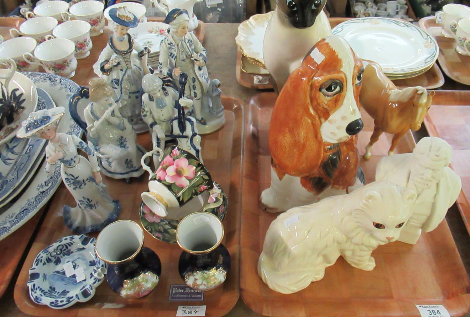 Two trays of assorted china to include: large Siamese cat, Bassett hound, Staffordshire cat, Beswick